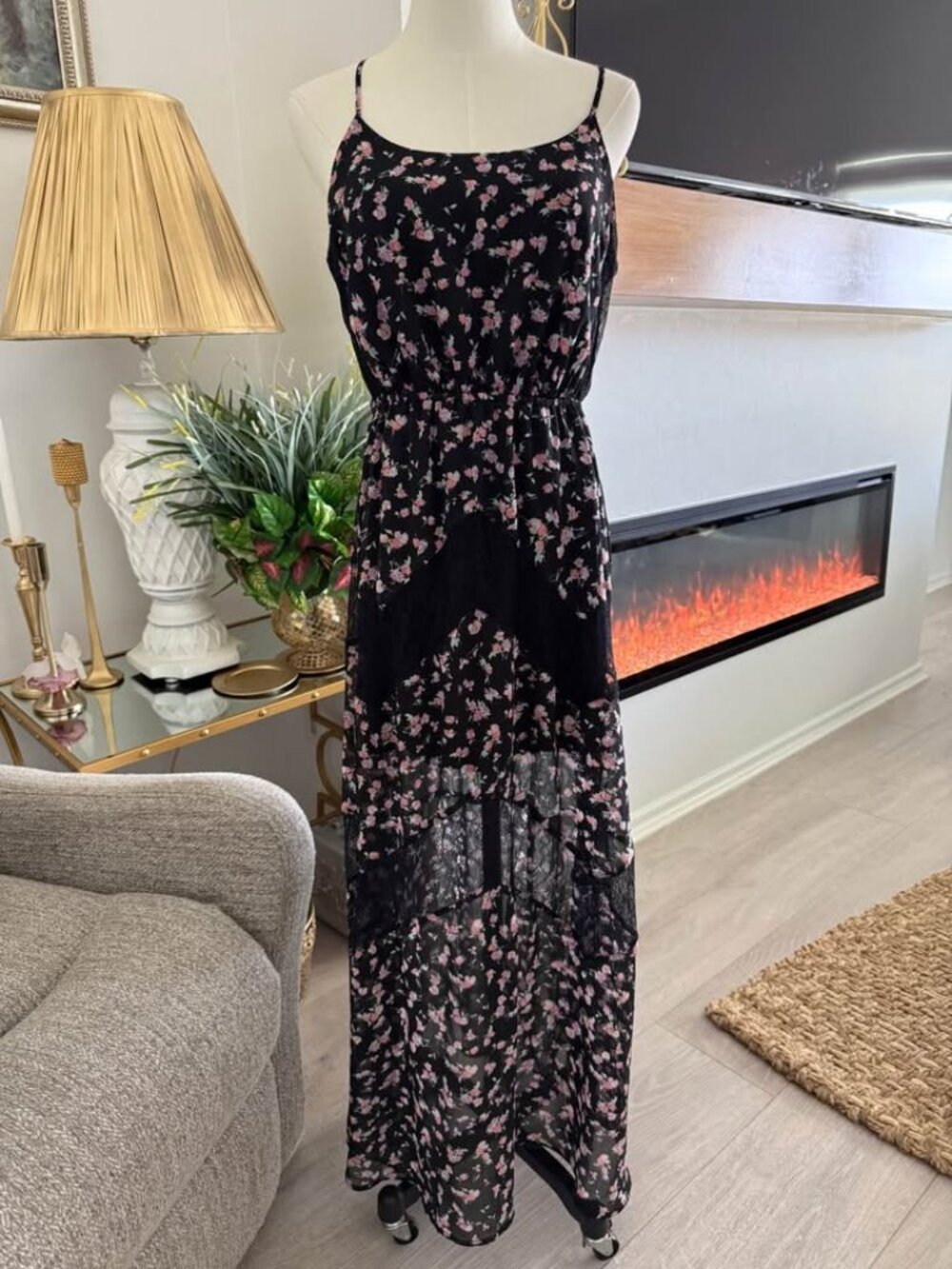 Black Floral Maxi Dress Women Small Boho Lace Layered Spaghetti Straps Size L - Picture 2 of 14